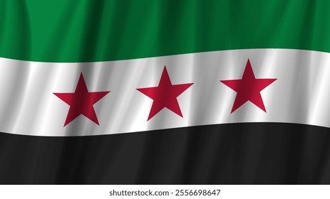 Vector wavy new flag of Syrian Arab Republic. Waving three-star banner of Syria. National symbol of new arabic country.