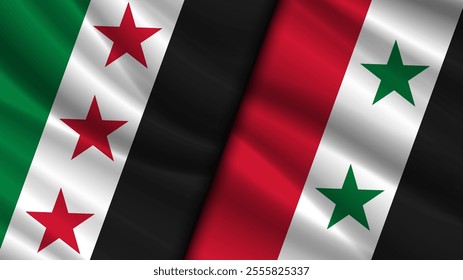 Vector wavy new and old flags of Syrian Arab Republic. Syria. New banner founded of december 8, 2024.