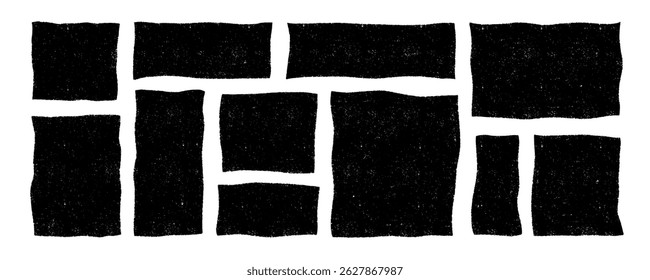 Vector wavy rectangles with grain texture, irregular black text boxes. Crayon drawn squares and rectangles with wavy rough edges. Organic grunge text boxes, geometric shapes or empty speech bubbles