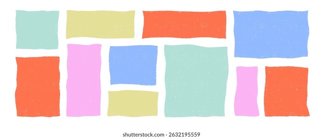 Vector wavy rectangles with grain texture, irregular colorful text boxes. Crayon drawn squares and rectangles with wavy rough edges. Organic grunge text boxes, geometric shapes or empty speech bubbles