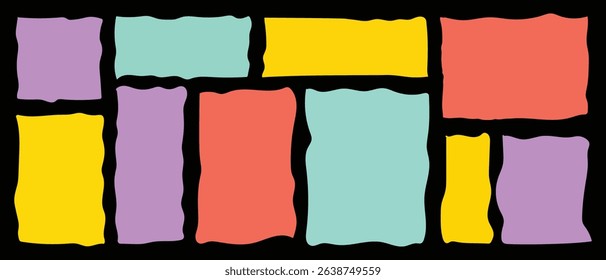 Vector wavy rectangles with grain texture, irregular colorful text boxes. Crayon drawn squares and rectangles with wavy rough edges. Organic grunge text boxes, geometric shapes, empty speech bubbles.	