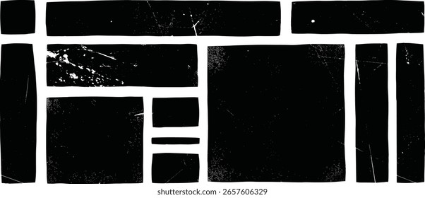 Vector wavy rectangles with grain texture, irregular black text boxes.