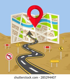 Vector Wavy Road With Map Flat Illustration