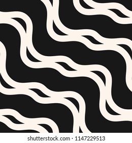 Vector wavy seamless pattern. Abstract monochrome texture with diagonal waves, stripes, curved shapes, lines. Illustration of ripple surface. Simple black and white  background. Repeatable design