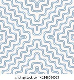 Vector wavy seamless pattern. Abstract nautical texture with diagonal concentric waves, curved lines, ropes. Simple white and soft blue background. Delicate repeat design for decor, fabric, prints