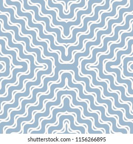 Vector wavy seamless pattern. Abstract nautical texture with diagonal concentric waves, curved lines, ropes. Simple white and soft blue background. Subtle repeat design for wallpapers, decor, cloth