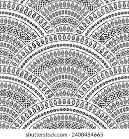 Vector wavy seamless pattern from black ethnic ornaments and feathers on a white background. Peacock tail shaped decorative elements