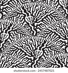Vector wavy seamless pattern. Black and white fan shaped floral tracery
from stems, branches of trees