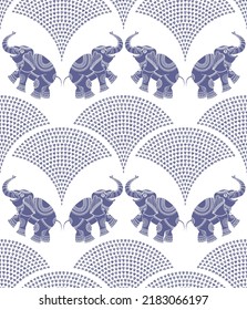 Vector wavy seamless pattern from blue Indian elephant silhouette with ethnic ornaments and fountain from water drops on a white background