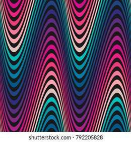 Vector wavy seamless pattern, curved lines, waves. Striped background, colorful gradient. Abstract dynamic rippled texture, illusion of movement, bright, fluid, curvature. Trendy retro fashion design