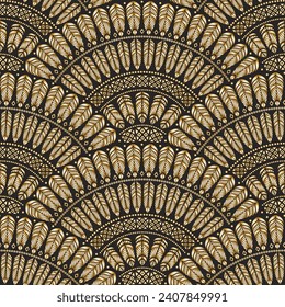 Vector wavy seamless pattern from gold ethnic ornaments and feathers on a black background. Peacock tail shaped decorative elements