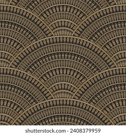 Vector wavy seamless pattern from gold ethnic ornaments and feathers on a black background. Peacock tail shaped decorative elements