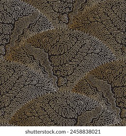 Vector wavy seamless pattern. Gold contour of algae, seaweeds, corals, leaves on a black background. Fan shaped floral tracery