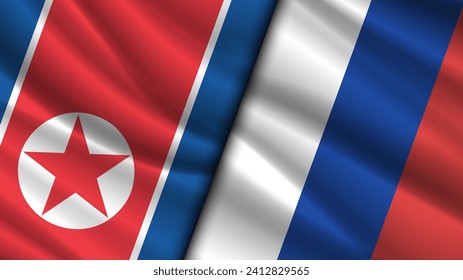 Vector wavy state flags of the North Korea and the Russian Federation. Friendly relations. Political economic banner. Symbols of countries.