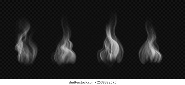 Vector wavy steam, haze, fog on water, bbq, hot drinks, food. White smoke, smog isolated on transparent background