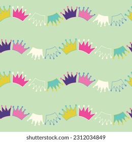 Vector Wavy Stripe Colorful Crowns fondo de patrón transparente.  Perfecto para la tela, la rayadura, los proyectos de papel pintado y los productos de papel.