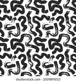 Vector wavy and swirled brush strokes seamless pattern. Stylish structure of natural cells with bold swirled lines. Seamless black and white chaotic design. Abstract geometric ornament