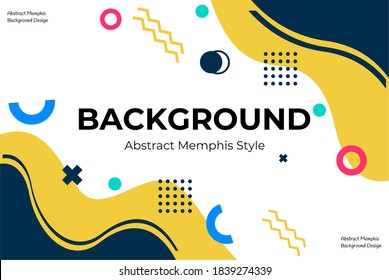 Vector Wavy yellow memphis background with abstract shapes design. White, blue, green, yellow. pink, and black color. Good for any background, banner, web, poster