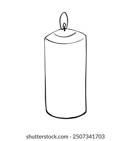 Vela de cera de Vector sobre fondo aislado. Dibujado a mano ilustración de la luz de la vela en estilo de arte de línea pintado por tintas negras. Boceto simple del contorno para la decoración casera acogedora, tarjetas de felicitación e invitación