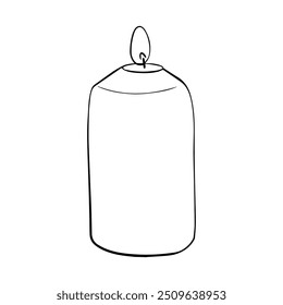 Vector Wax Candle on isolated background. Hand drawn illustration candlelight in line art style painted by black inks. Simple contour Sketch for Cozy Home Decor, greeting cards and invitation
