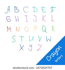 Vector cera crayón alfabeto en garabato dibujado estilo textura garabato. Letras de colores editables en estilo infantil para la escuela y otros diseños