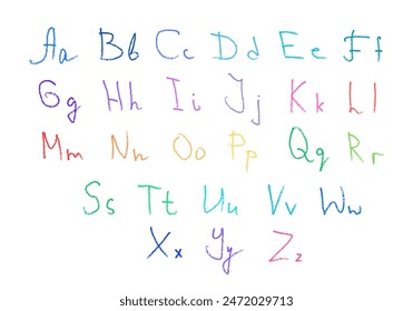 Vector wax crayon alphabeth in doodle drawn scribble texture style. Editable color letters in childish style for school and other designs