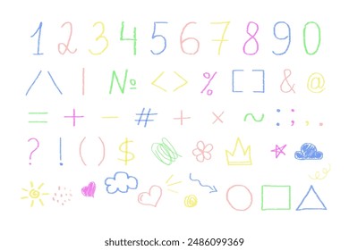 Vector wax crayon numbers in doodle drawn scribble texture style