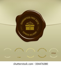 Vector wax seal with a gift box sign and "GUARANTEED FREE GIFTS - EXPRESS DELIVERY" text.