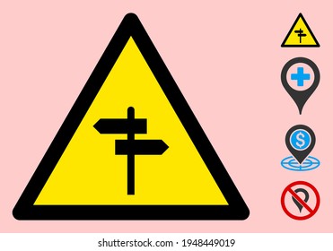 Vector way pointer flat warning sign. Triangle icon uses black and yellow colors. Symbol style is a flat way pointer hazard sign on a pink background. Icons designed for problem signals, road signs,