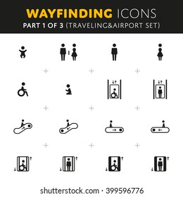 Vector Wayfinding Icons Traveling and Airport Part of Set. Navigate sign.
