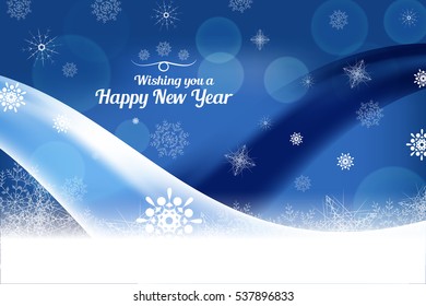 Vector We wish you a Happy New Year abstract dark blue background with light and dark wave and snowflakes.
