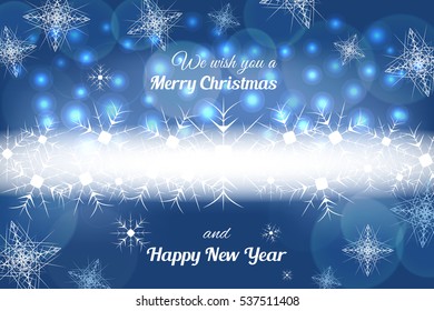 Vector We wish you a Merry Christmas and Happy New Year abstract blue background with lights and snowflakes.