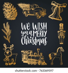 Vector We Wish You A Merry Christmas lettering with hand drawn illustrations of New Year toys and Nativity symbols. Happy Holidays typography for greeting card template or poster concept.