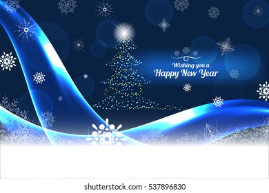 Vector We wishing you a Happy New Year abstract dark blue background with christmas tree, waves and snowflakes.