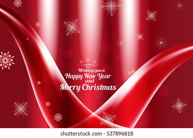 Vector We wishing you a Merry Christmas and Happy New Year abstract gradient red background with directional light, waves and snowflakes.