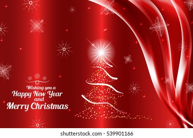 Vector We wishing you a Merry Christmas and Happy New Year on the abstract gradient red background with directional light, waves, christmas tree and snowflakes.