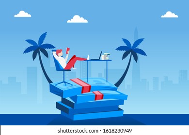 Vector of a wealthy man relaxing on a pile of money having a dream job from home