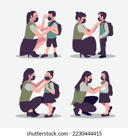 Máscara de vector Wear es una imagen de diseño de una madre que le da una máscara a su hijo