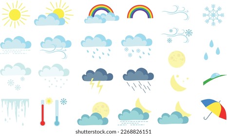 Vector weather cartoon icon set. Icons for weather forecast. Sun and moon, rain and snow, clouds, rainbow, snowflakes and raindrops, wind, lightning. 