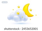 Vector weather cloudy night illustration of shine yellow color half moon with fluffy cloud and star on white background with shadow. 3d cartoon style design of cloud with crescent moon and star