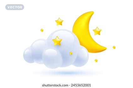 Vector weather cloudy night illustration of shine yellow color half moon with fluffy cloud and star on white background with shadow. 3d cartoon style design of cloud with crescent moon and star