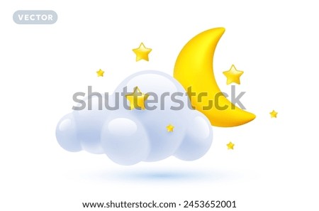 Vector weather cloudy night illustration of shine yellow color half moon with fluffy cloud and star on white background with shadow. 3d cartoon style design of cloud with crescent moon and star