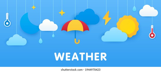 Vector weather concept. Hanging on ropes icons set. Paper cut icons on isolated background. Sun behind clouds, umbrella, thermometers, lightning and raindrops.