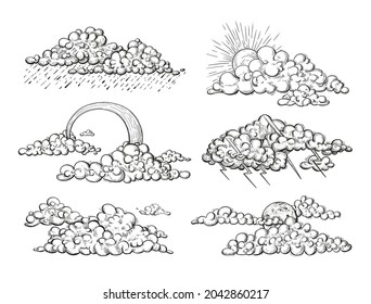 Vector weather elements in sketch style. Illustrations in engraved style: different clouds, thunderstorm, rainbow, sun, zippers, raining. Pencil sketch of weather set isolated on white background.