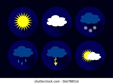 Vector weather flat icons - sun, clouds, snow flakes, flash, storm, rain.