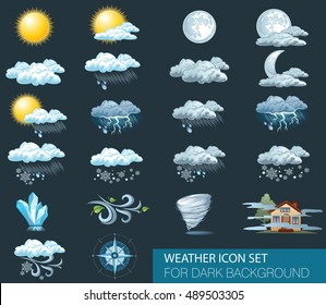 Vector weather forecast icons with dark background. Day and night