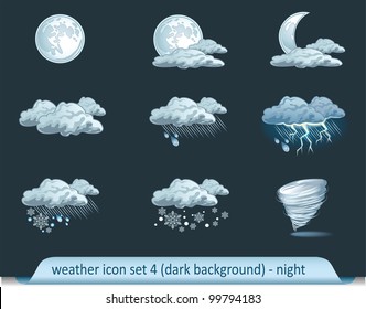 Vector weather forecast icons with dark background. Set 4 - night