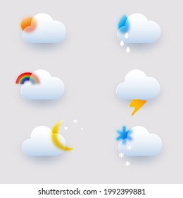 Vector weather forecast icons in glass morphism style with transparent effect. Vector illustration.