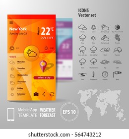 Vector weather forecast for the smartphone application template and a set of icons representing different weather conditions