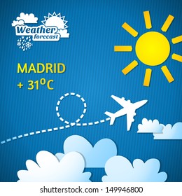 Vector weather forecast for TV or web. Plain in the clouds and sun and typography